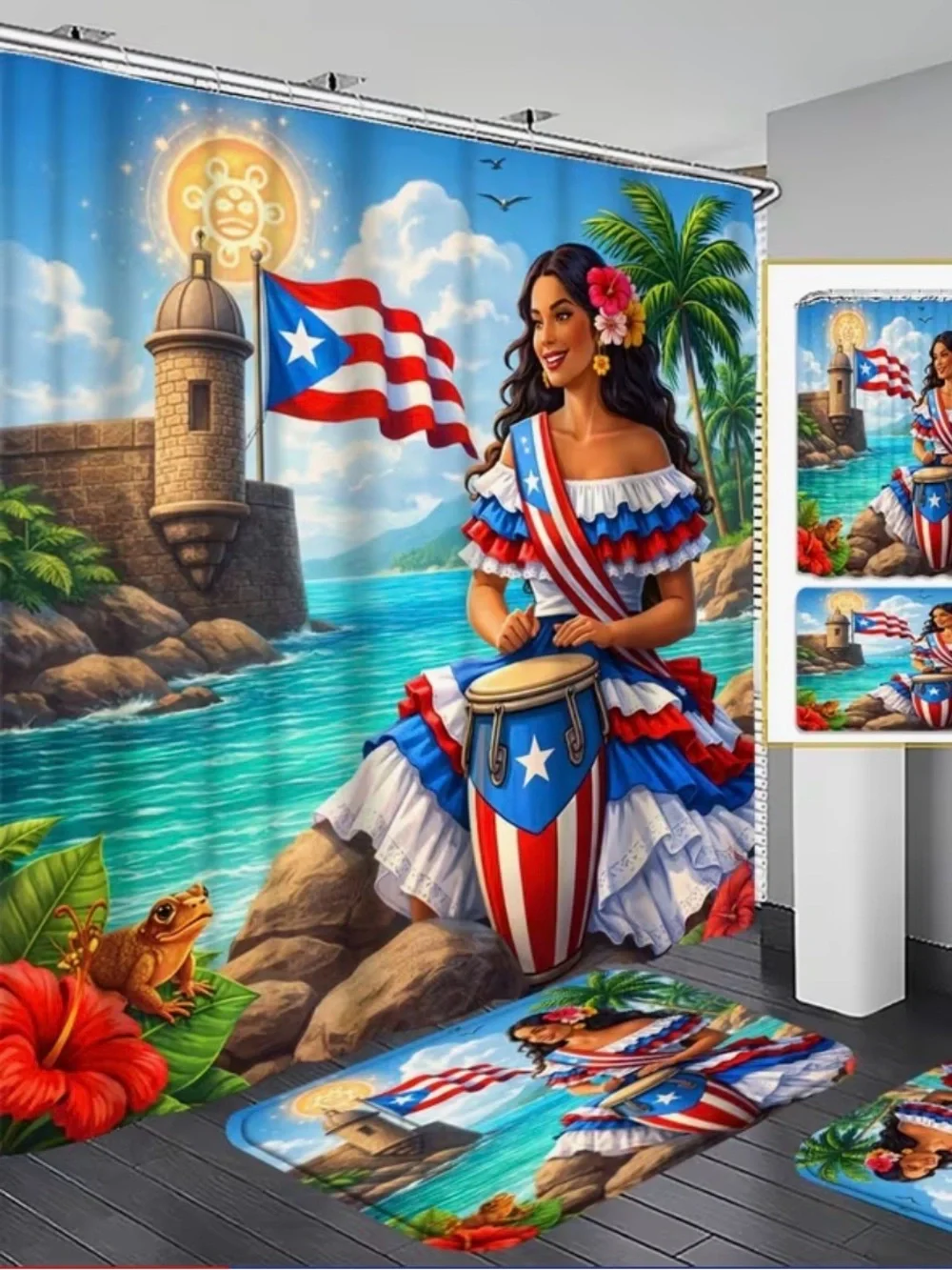 Puerto Rican Coastal Shower Curtain and Bath Mat Set in Blue/Red/White
